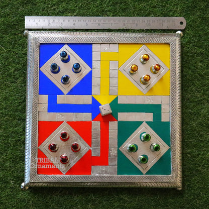 Pure 925 sterling silver handcrafted LUDO game board with intricate design on wooden base by TRIBAL ORNAMENTS.