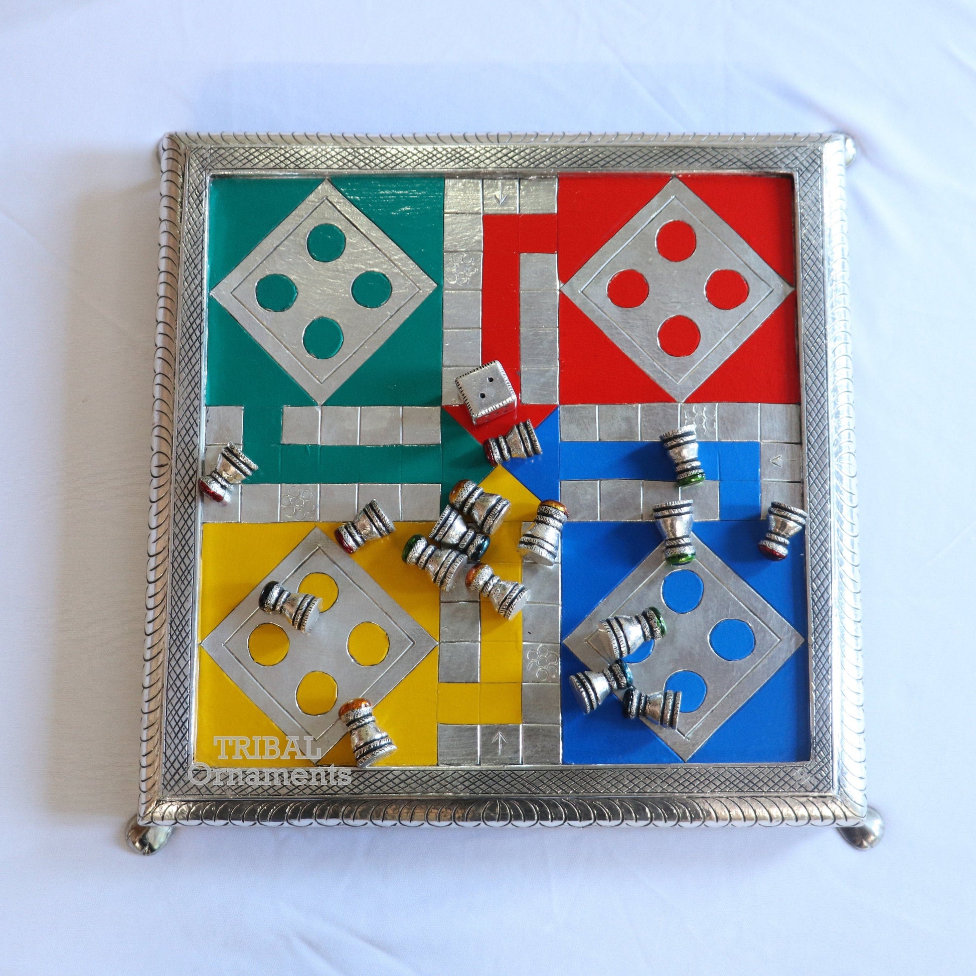 Pure 925 sterling silver handcrafted LUDO game board with intricate design on wooden base, royal silver gift by TRIBAL ORNAMENTS.