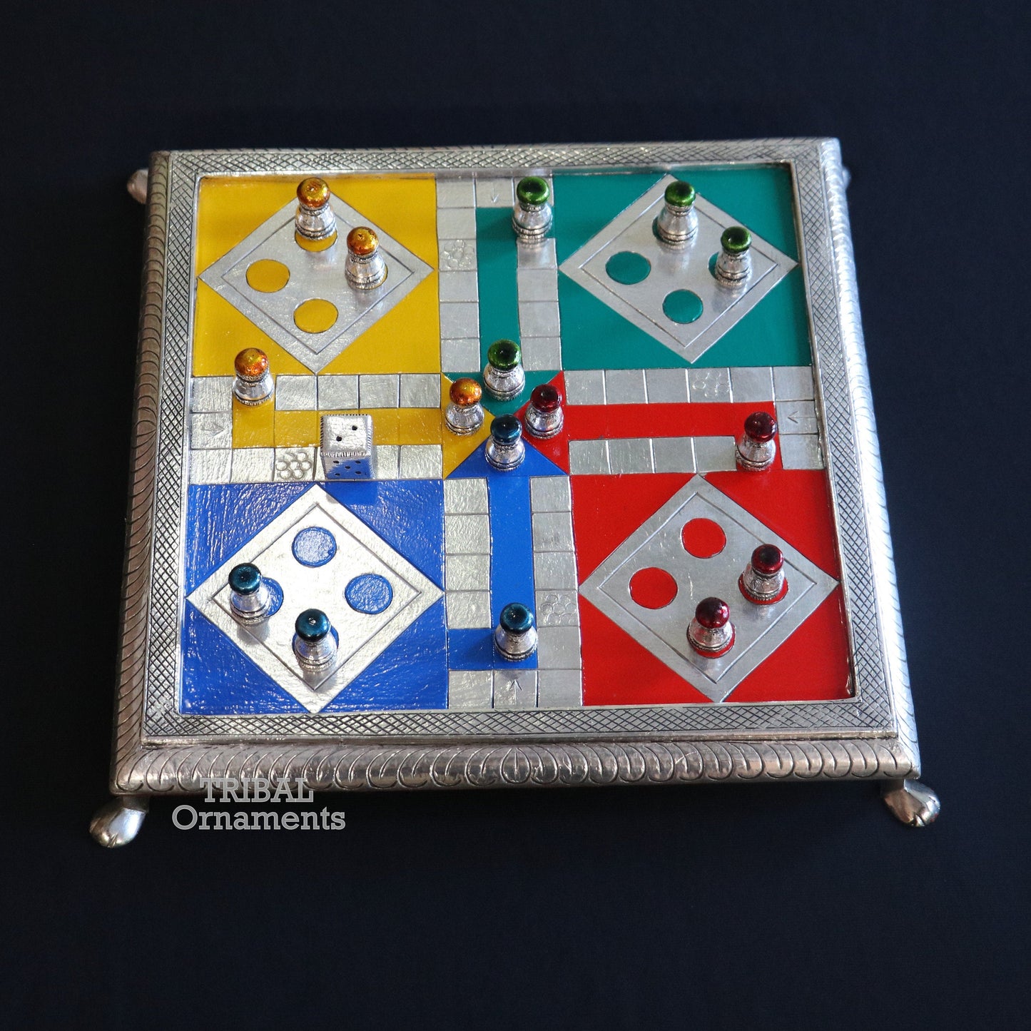 Sterling silver handcrafted LUDO game board with intricate design on wooden base, from TRIBAL ORNAMENTS, perfect for gift or display.