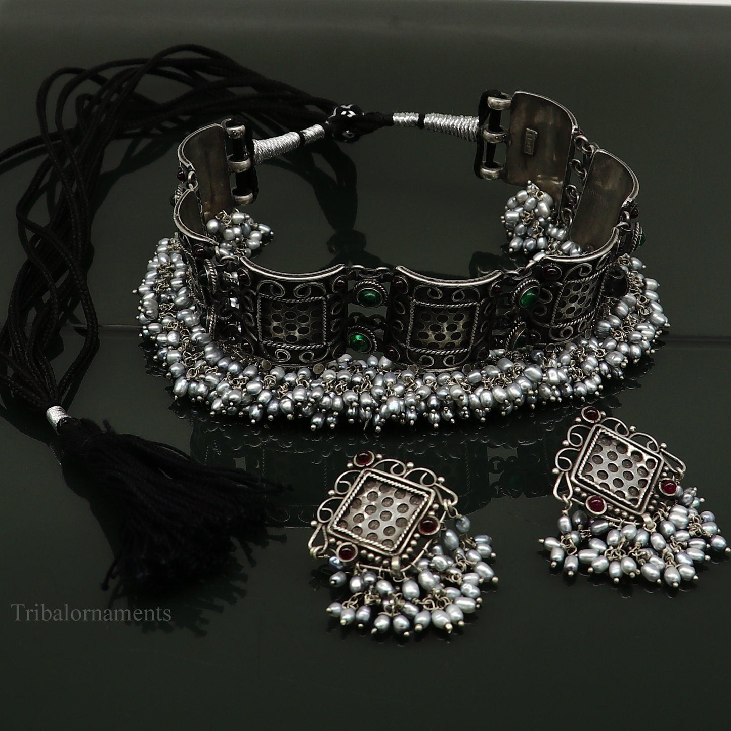 Pure 925 sterling silver handmade customized hanging pearl luxury necklace, best brides belly dance gifting Guttapusalu necklace set251 - TRIBAL ORNAMENTS