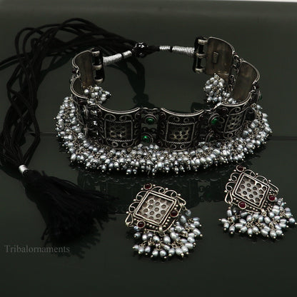 Pure 925 sterling silver handmade customized hanging pearl luxury necklace, best brides belly dance gifting Guttapusalu necklace set251 - TRIBAL ORNAMENTS