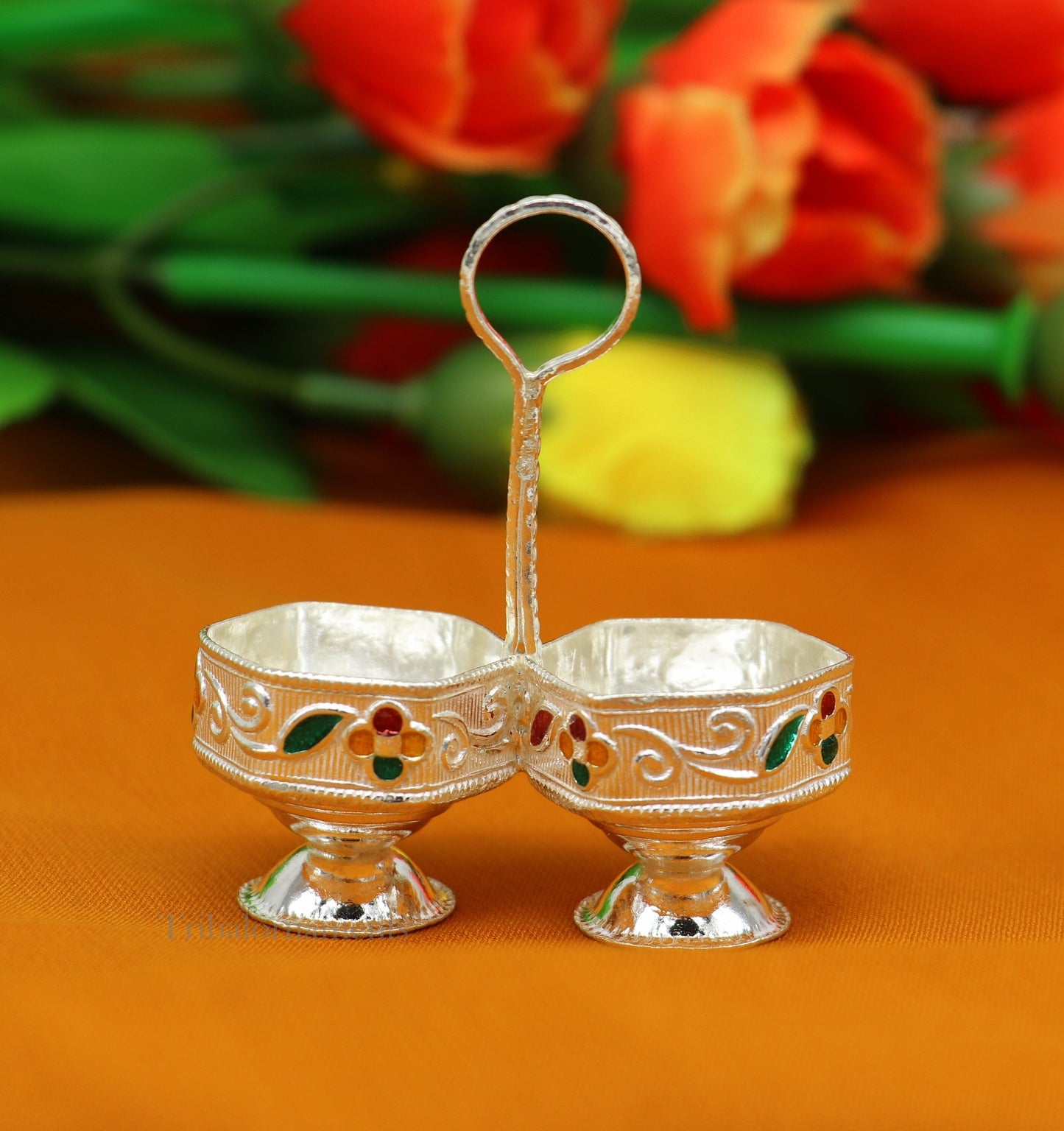 Pure 925 sterling silver handmade customized work puja utensils, silver tilak bowl, kesar chaindan kumkum patra/ bowl, silver article su554 - TRIBAL ORNAMENTS