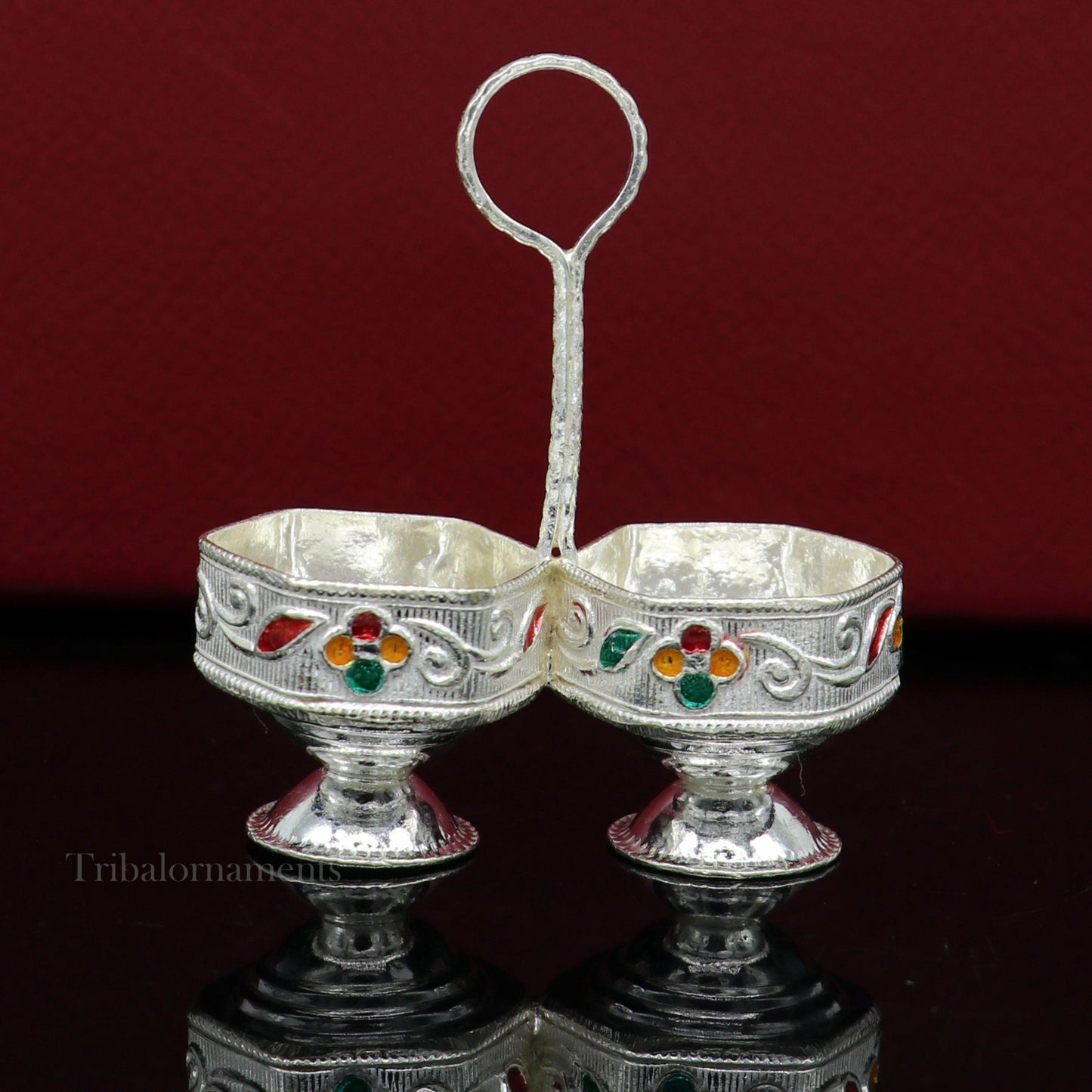 Pure 925 sterling silver handmade customized work puja utensils, silver tilak bowl, kesar chaindan kumkum patra/ bowl, silver article su554 - TRIBAL ORNAMENTS