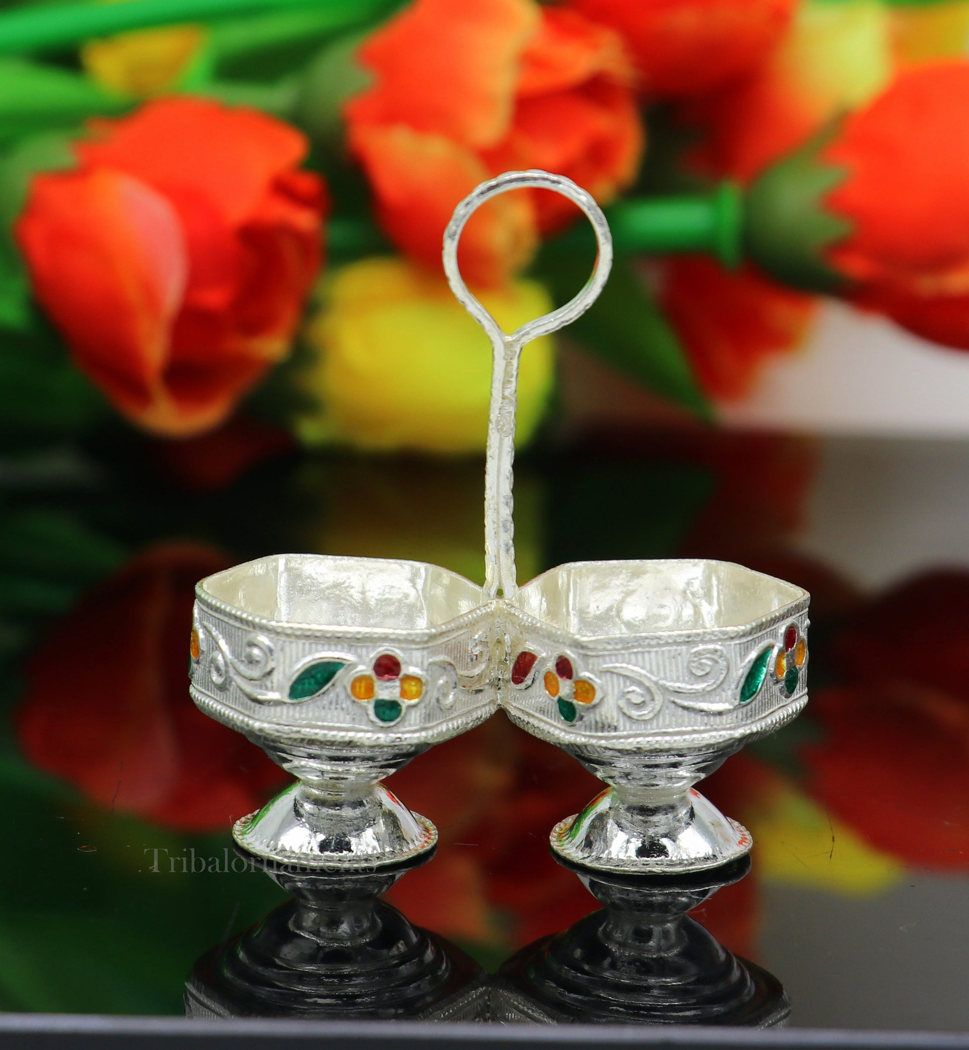 Pure 925 sterling silver handmade customized work puja utensils, silver tilak bowl, kesar chaindan kumkum patra/ bowl, silver article su554 - TRIBAL ORNAMENTS