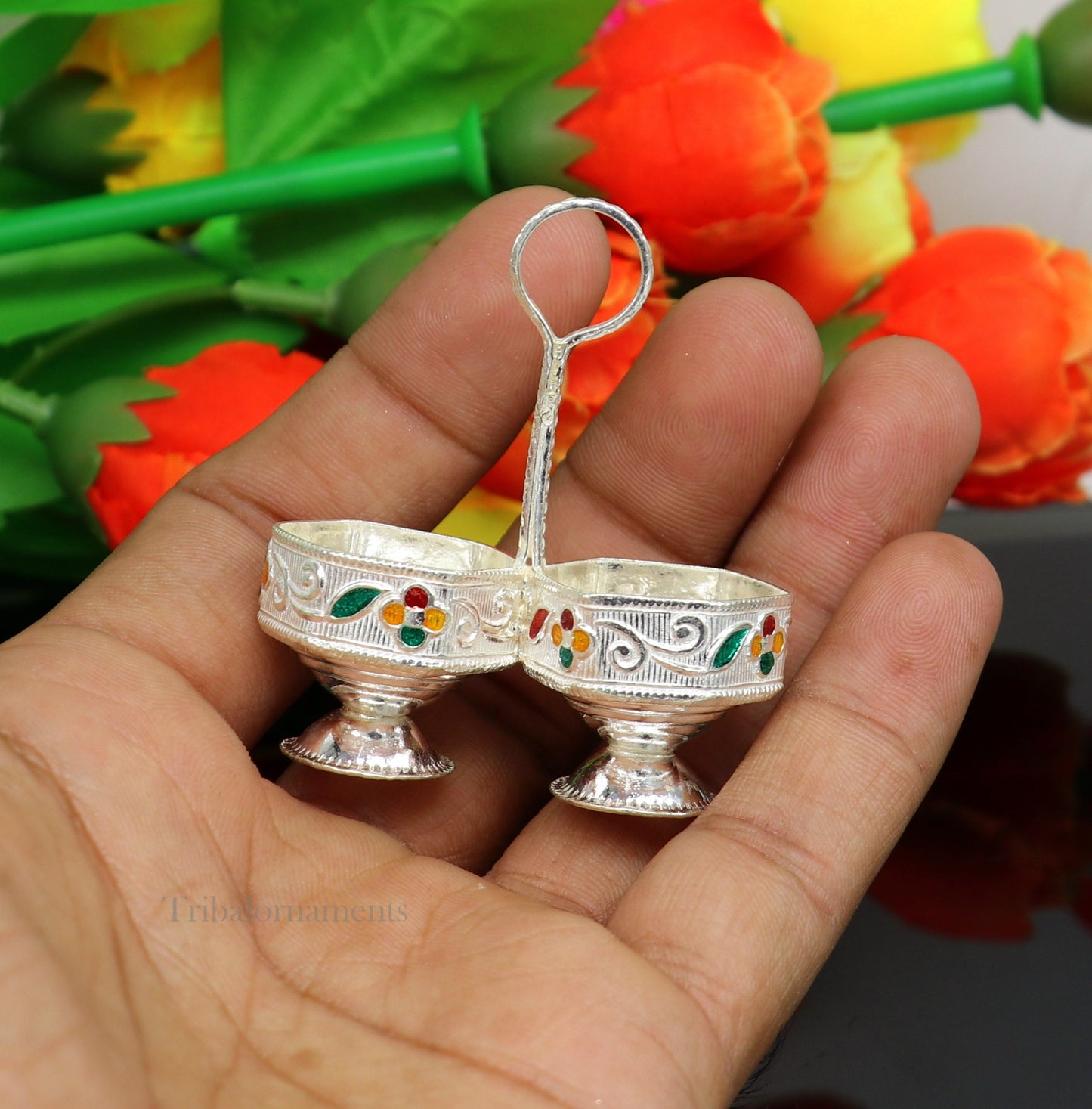 Pure 925 sterling silver handmade customized work puja utensils, silver tilak bowl, kesar chaindan kumkum patra/ bowl, silver article su554 - TRIBAL ORNAMENTS