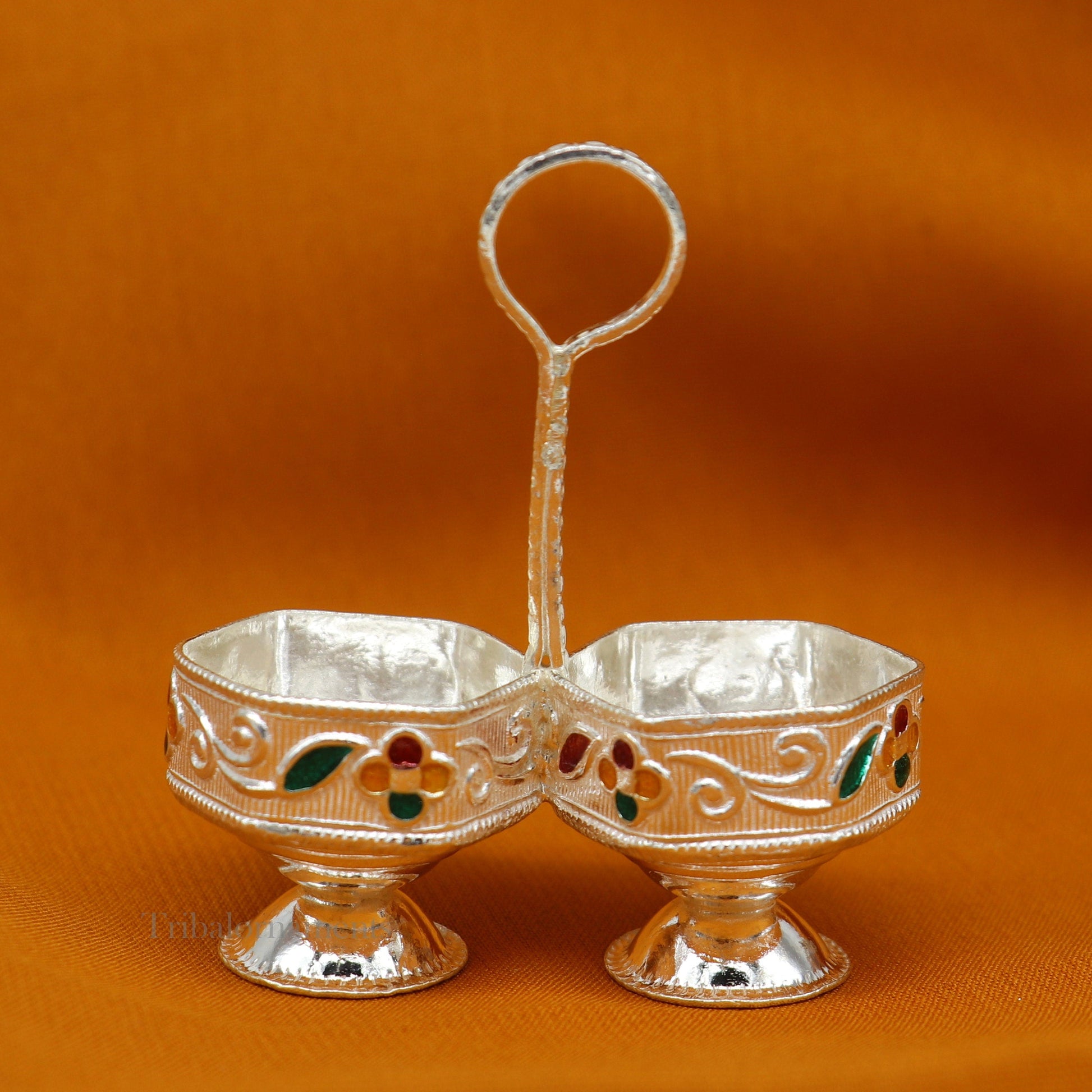 Pure 925 sterling silver handmade customized work puja utensils, silver tilak bowl, kesar chaindan kumkum patra/ bowl, silver article su554 - TRIBAL ORNAMENTS