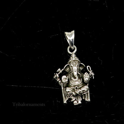 Sterling silver God Ganesha pendant by TRIBAL ORNAMENTS, handmade unisex jewelry with intricate design and customized details.