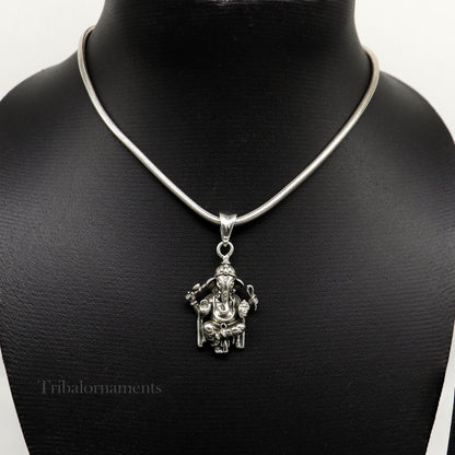 Sterling silver Ganesha pendant by TRIBAL ORNAMENTS, handcrafted unisex jewelry with detailed idol design, customizable gift accessory.