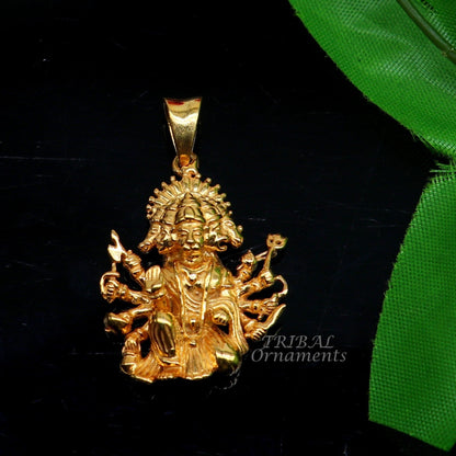 Sterling silver Lord Panchmukhi Hanuman pendant with gold polish, unisex Hindu jewelry, handcrafted by Tribal Ornaments.