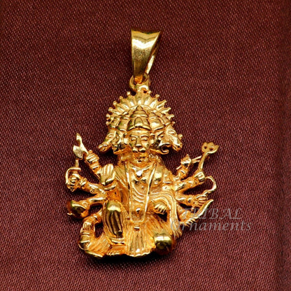 Sterling silver Lord Panchmukhi Hanuman pendant by TRIBAL ORNAMENTS, polished gold finish, unisex Hindu god jewelry.