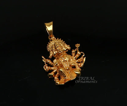 Sterling silver Lord Panchmukhi Hanuman pendant with gold polish, handmade unisex Hindu jewelry by TRIBAL ORNAMENTS.