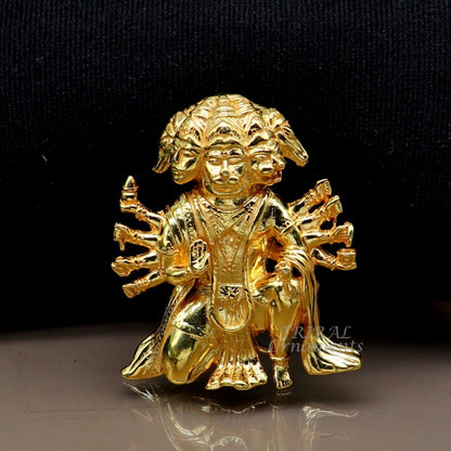Sterling silver Panchmukhi Hanuman ji pendant with gold polish, detailed Hindu god jewelry by TRIBAL ORNAMENTS.