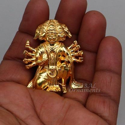 Sterling silver Panchmukhi Hanuman Ji pendant with gold polish, handmade Hindu deity jewelry by TRIBAL ORNAMENTS.