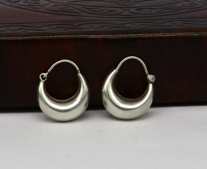 Sterling silver handmade hoops kundal earrings with tribal vintage design and hook ear wires, suitable for daily wear.