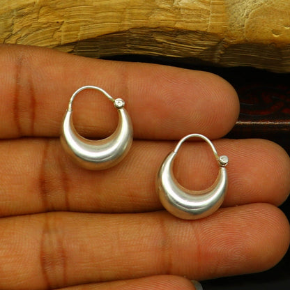 Handmade sterling silver hoops kundal earrings with tribal vintage design, featuring hook ear wires for daily wear and elegant style.