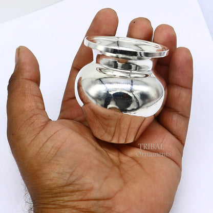 Small handmade pure 925 sterling silver Kalash pot, traditional water or milk puja article, intricate silver Hindu religious vessel.