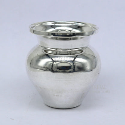 Small handmade 925 sterling silver Kalash pot for puja, featuring a plain, traditional design, ideal for water or milk offerings.