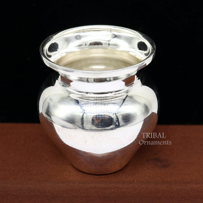 Pure 925 sterling silver handmade small Kalash pot, traditional Indian silver puja water or milk vessel, detailed craftsmanship.