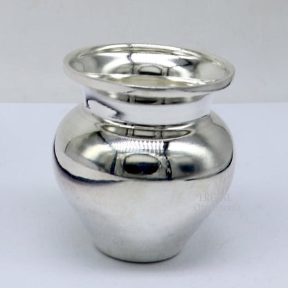 Pure 925 sterling silver handmade small Kalash or pot, traditional Indian silver puja utensil for water or milk offerings.