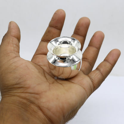 Handmade pure 925 sterling silver small Kalash pot for puja, featuring a plain design, used for water or milk offerings in India.