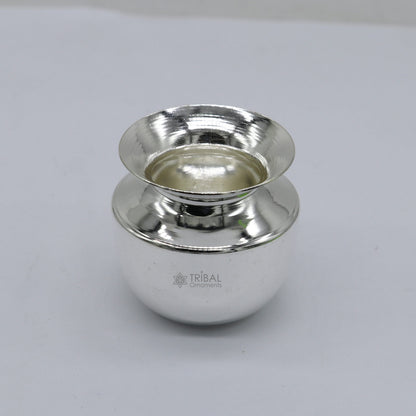 Small handmade 925 sterling silver Kalash or pot, traditional silver puja article for water or milk, crafted by Tribal Ornaments.