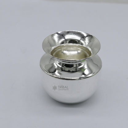 Small handmade pure 925 sterling silver Kalash pot, traditional water or milk puja vessel from India by TRIBAL ORNAMENTS.