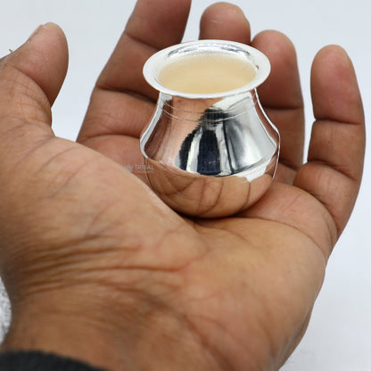 Handmade pure 925 sterling silver small kalash or pot, traditional Indian puja water or milk vessel with simple design.