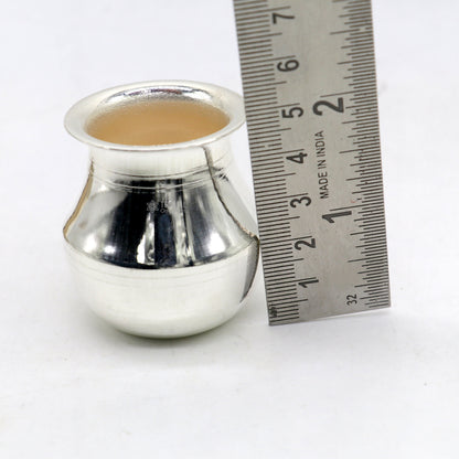 Handmade small pure 925 sterling silver Kalash or pot for puja, featuring a plain design, ideal for water or milk offerings.