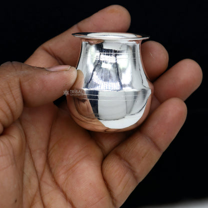 Small handmade pure 925 sterling silver Kalash pot, traditional Indian water or milk puja vessel with a simple design.