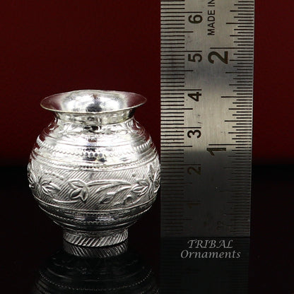 Small handmade pure 925 sterling silver Kalash pot for puja, traditional water or milk offering, crafted by Tribal Ornaments.