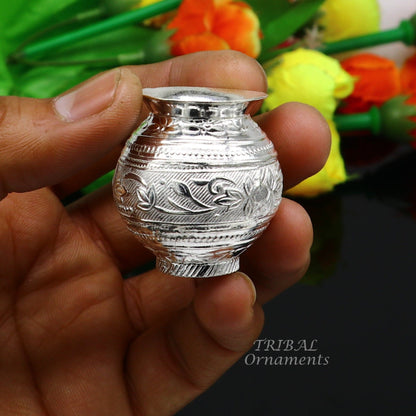 Pure 925 sterling silver handmade small Kalash pot, traditional silver puja utensil for water or milk, crafted in India.