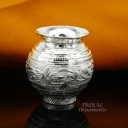 Sterling silver handmade small Kalash pot for puja, plain design, traditional water or milk vessel, Indian silver worship accessory.