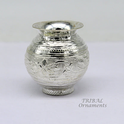 Handmade pure 925 sterling silver small Kalash pot, traditional water or milk puja article, crafted by Tribal Ornaments in India.