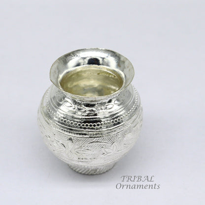 Pure 925 sterling silver handmade small Kalash pot, traditional Indian water or milk puja vessel by Tribal Ornaments.
