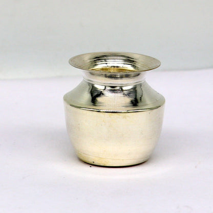 Small 925 sterling silver Kalash or pot for puja, handcrafted in India, with a plain design for water or milk offerings.