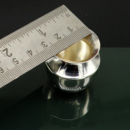 Small 925 sterling silver Kalash or pot, handmade with a plain design, used for water or milk in Indian puja rituals.