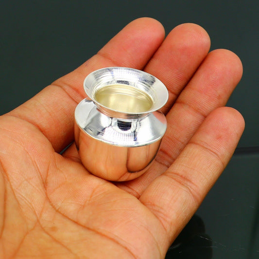 Small 925 sterling silver Kalash or pot for puja, handmade, plain, with a simple design, ideal for water or milk offerings.