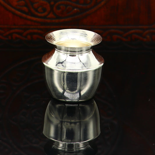 Small 925 sterling silver Kalash pot for puja, handcrafted in India, with a plain design for water or milk offerings.