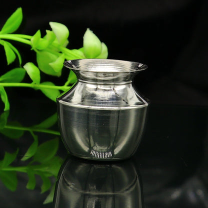 Small 925 sterling silver Kalash or pot for puja, handmade in India, featuring a plain, unique design for water or milk offerings.