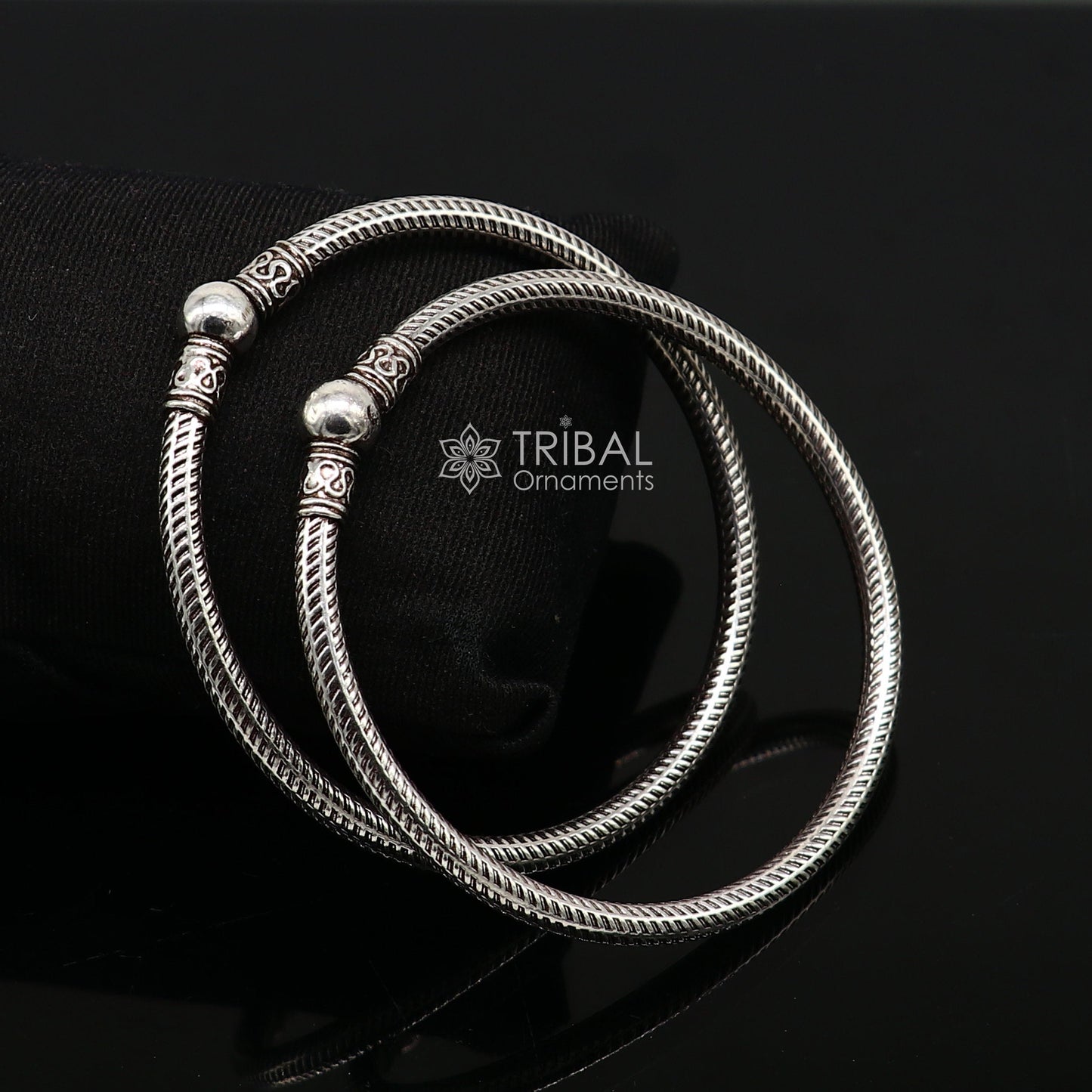 Sterling silver vintage ball-style bangle bracelet by Tribal Ornaments, ethnic jewelry for men and girls, classical gift accessory.