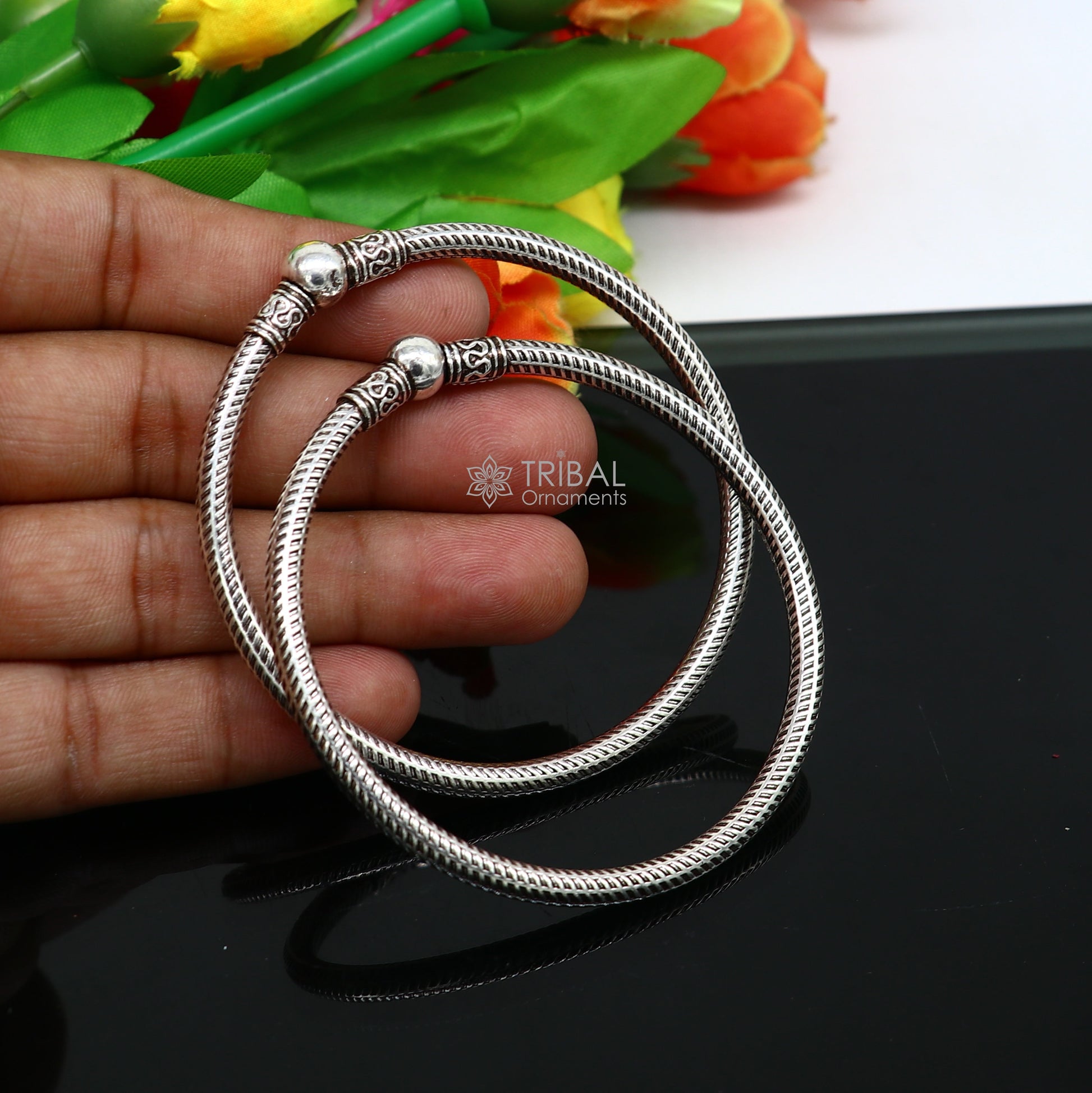 Vintage 925 sterling silver bangle bracelet with ball design, ideal for men or girls, ethnic jewelry by Tribal Ornaments.