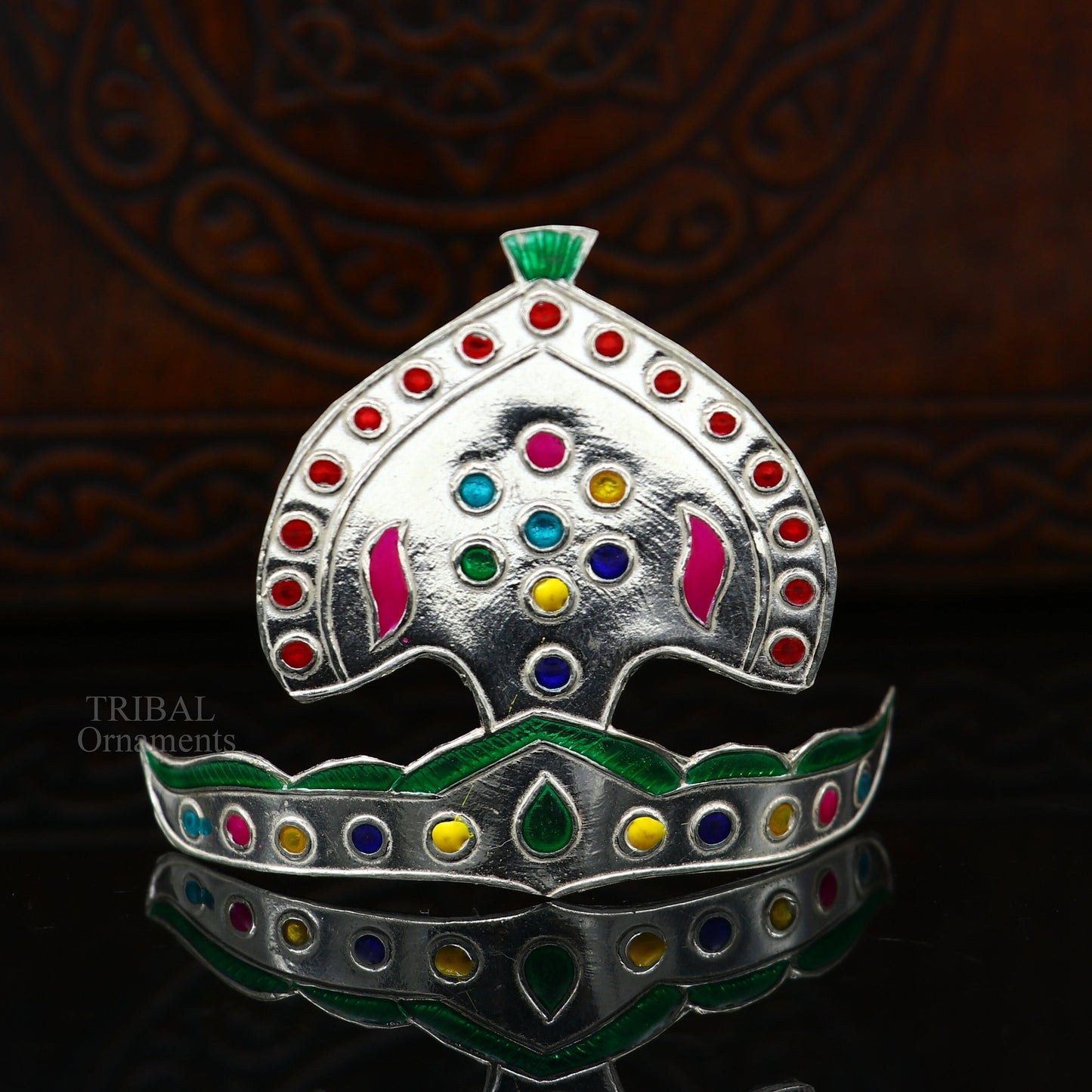 Pure 925 sterling silver vintage antique design mukut (crown), amazing handmade enamel design silver god crown home temple god hat su695 - TRIBAL ORNAMENTS