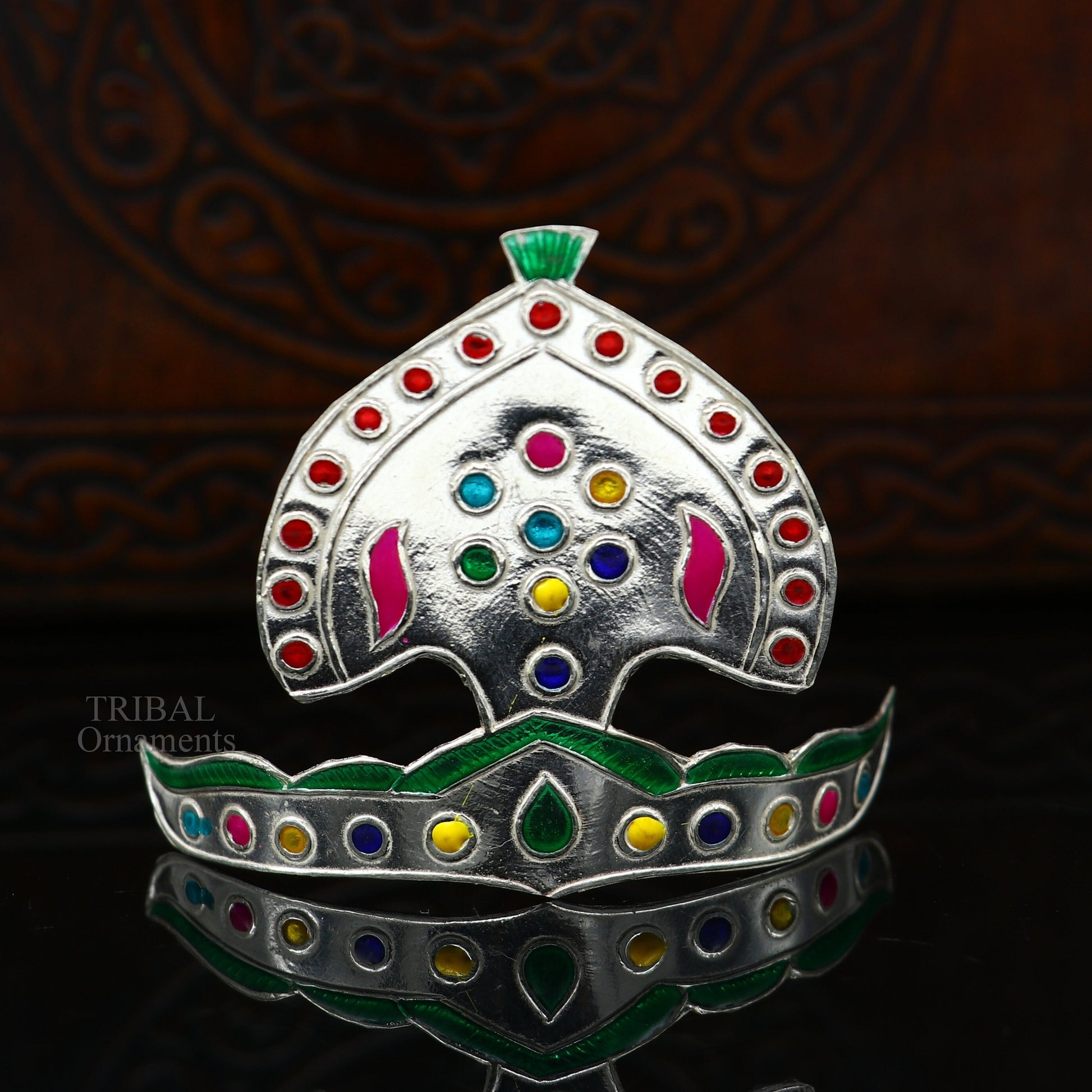 Pure 925 sterling silver vintage antique design mukut (crown), amazing handmade enamel design silver god crown home temple god hat su695 - TRIBAL ORNAMENTS