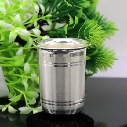 Pure 999 fine silver water and milk tumbler, silver flask, and kids utensils by TRIBAL ORNAMENTS, handcrafted for health and hygiene.