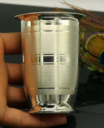 Pure 999 fine silver handmade water and milk glass tumbler, silver flask, and silver utensils for kids by TRIBAL ORNAMENTS.