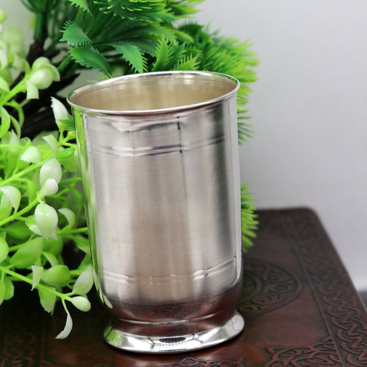 Pure 999 fine silver handmade glass tumbler and silver flask from Tribal Ornaments, with baby and kids silver utensils.