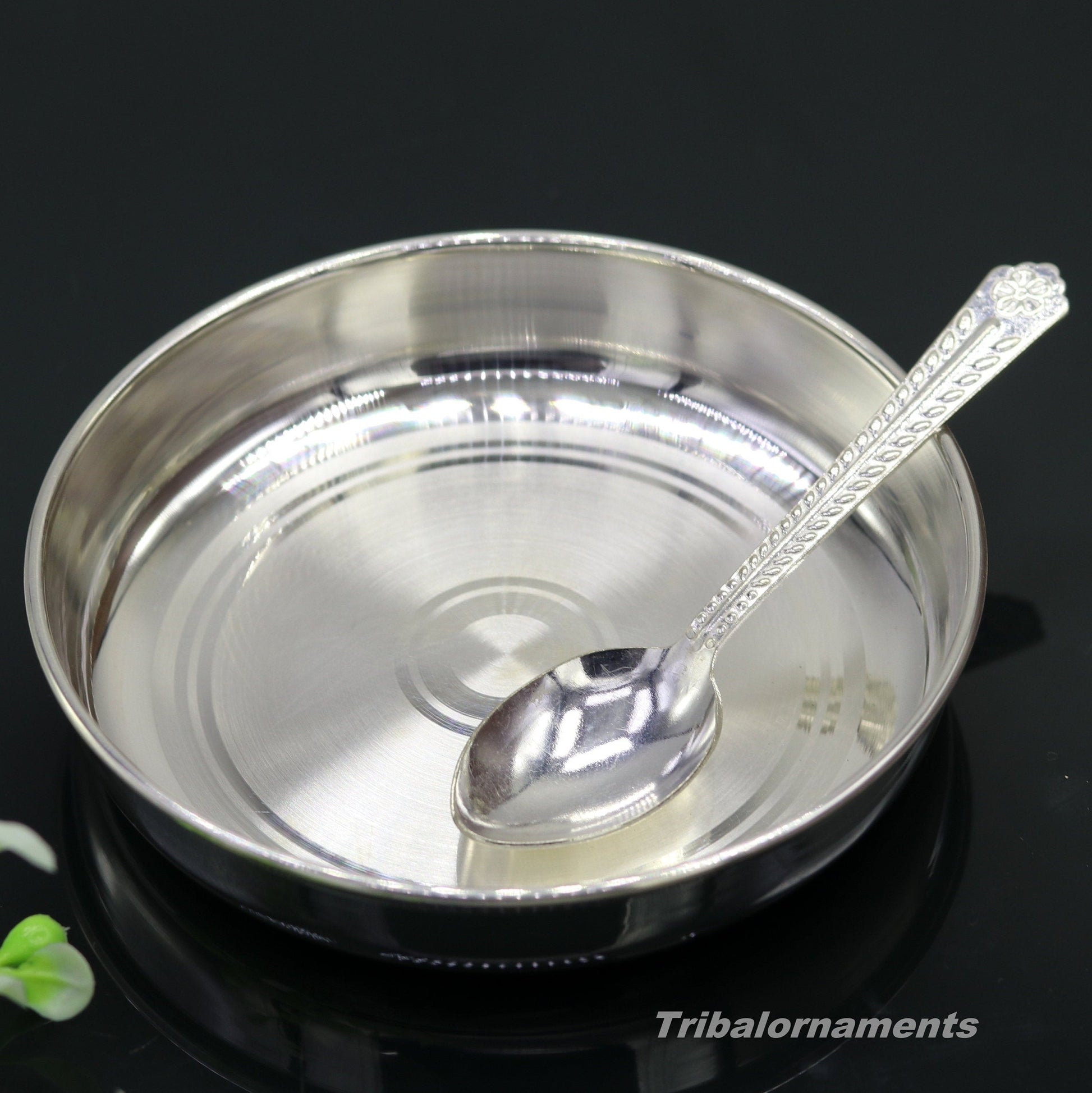 Pure 999 solid fine silver handmade plate or tray with spoon, excellent serving to baby kids food milk, silver utensils, vessels sv33 - TRIBAL ORNAMENTS