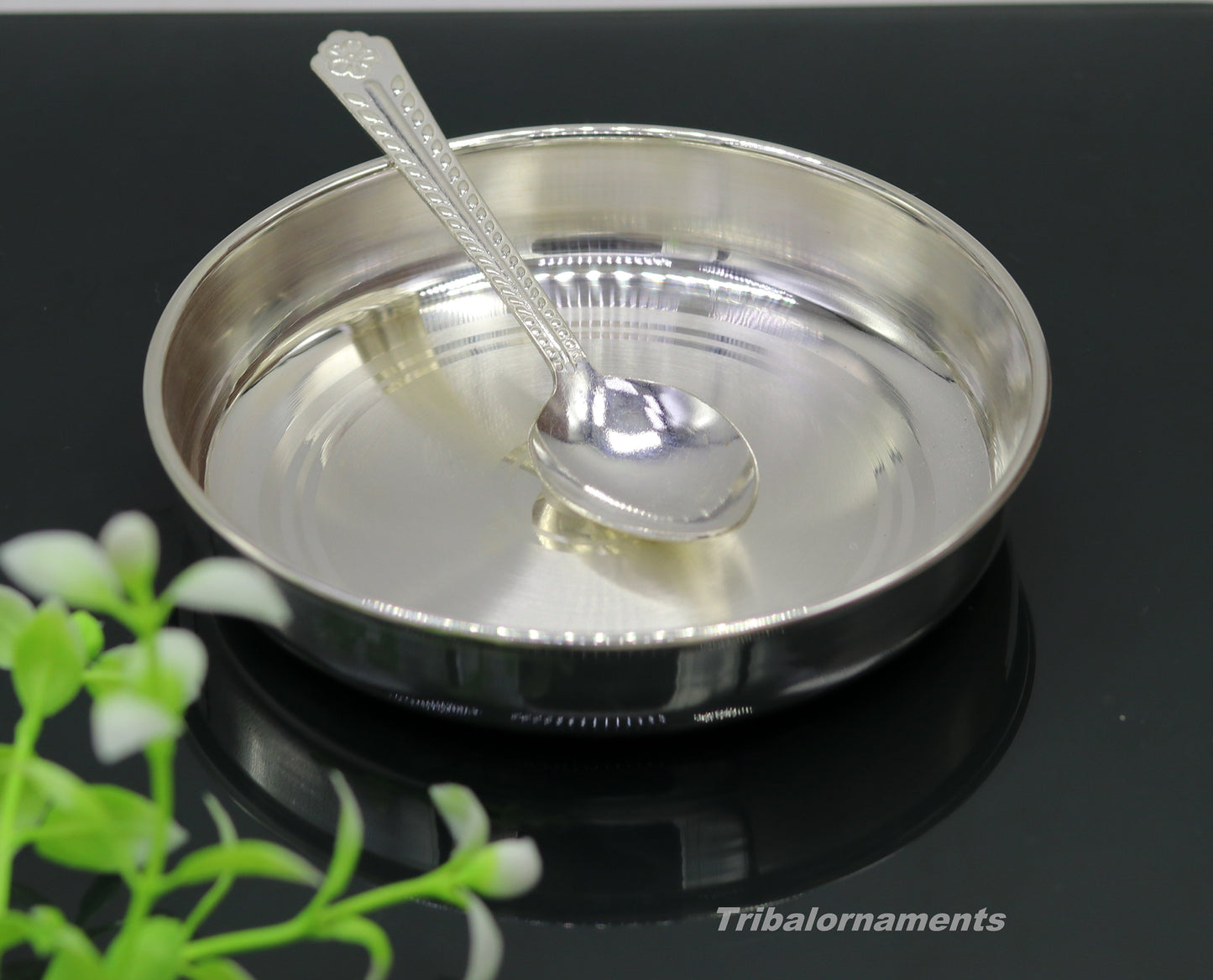 Pure 999 solid fine silver handmade plate or tray with spoon, excellent serving to baby kids food milk, silver utensils, vessels sv33 - TRIBAL ORNAMENTS