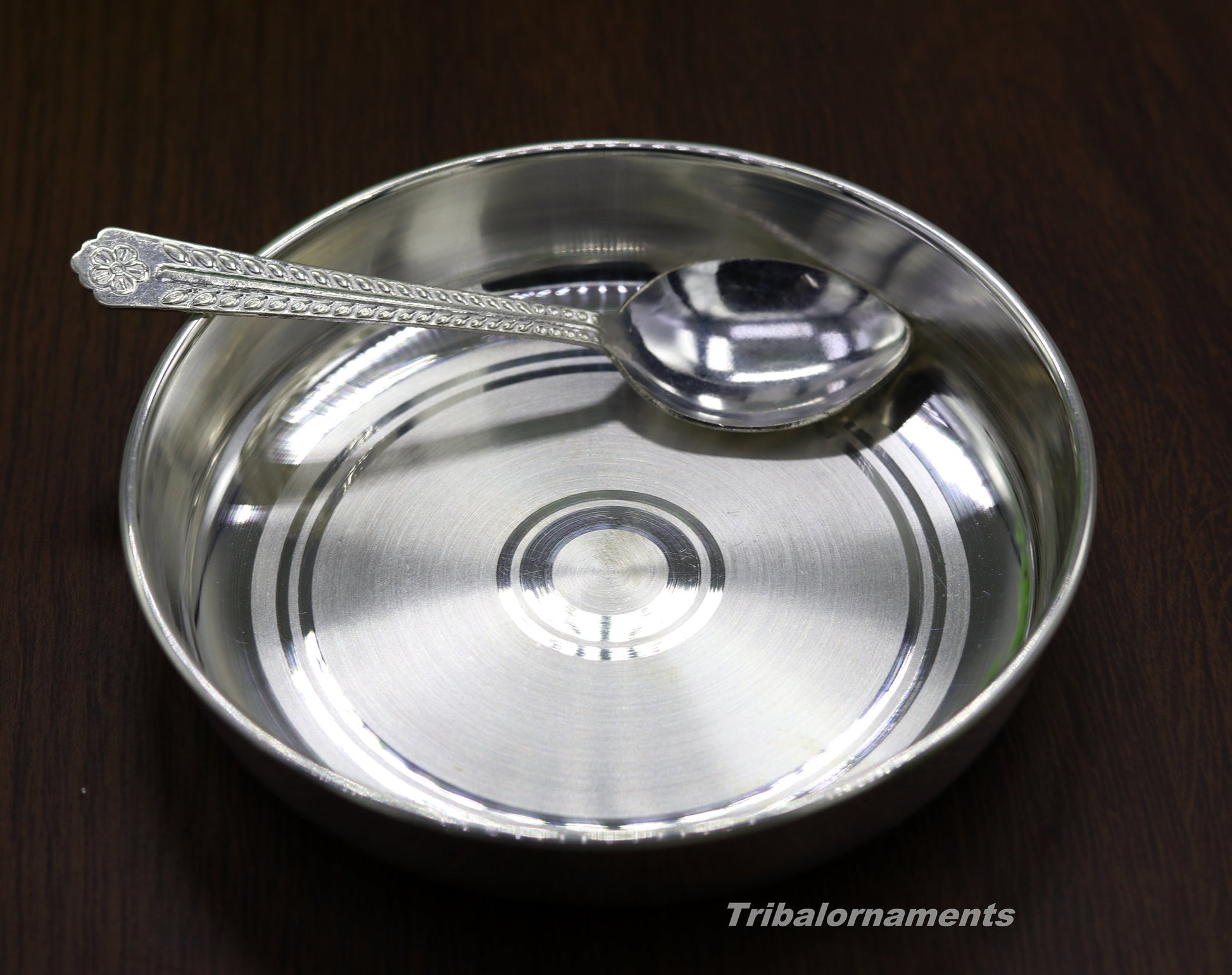 Pure 999 solid fine silver handmade plate or tray with spoon, excellent serving to baby kids food milk, silver utensils, vessels sv33 - TRIBAL ORNAMENTS