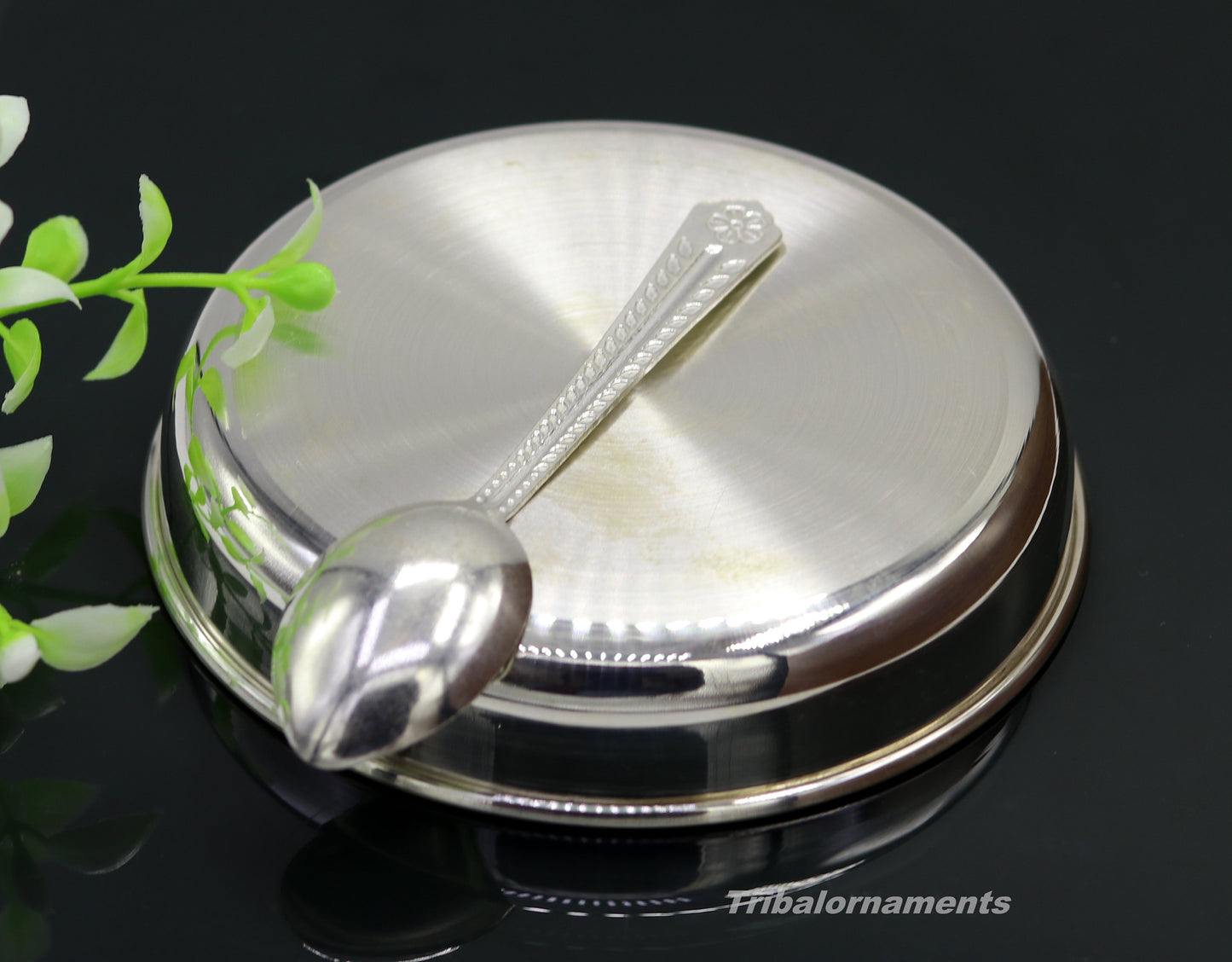 Pure 999 solid fine silver handmade plate or tray with spoon, excellent serving to baby kids food milk, silver utensils, vessels sv33 - TRIBAL ORNAMENTS